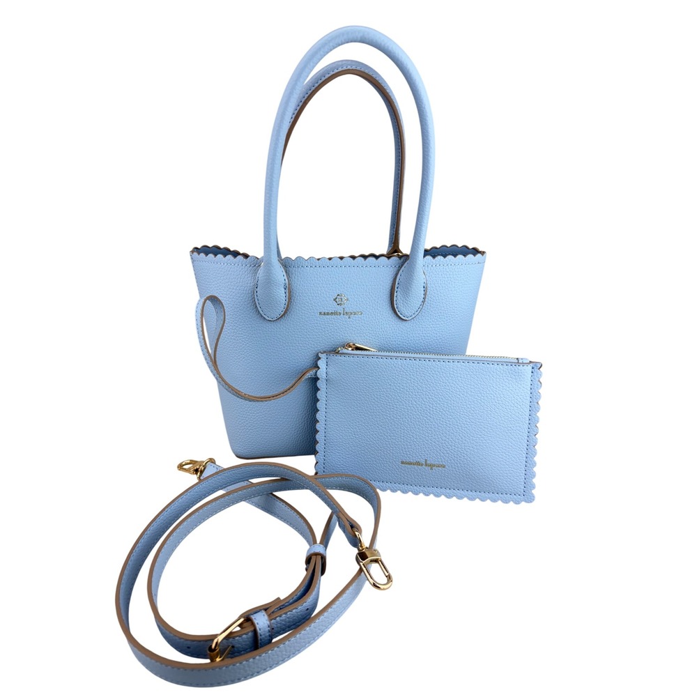 Nanette Lepore Light Blue Scalloped Tote Handbag and Wristlet Set Vegan Leather